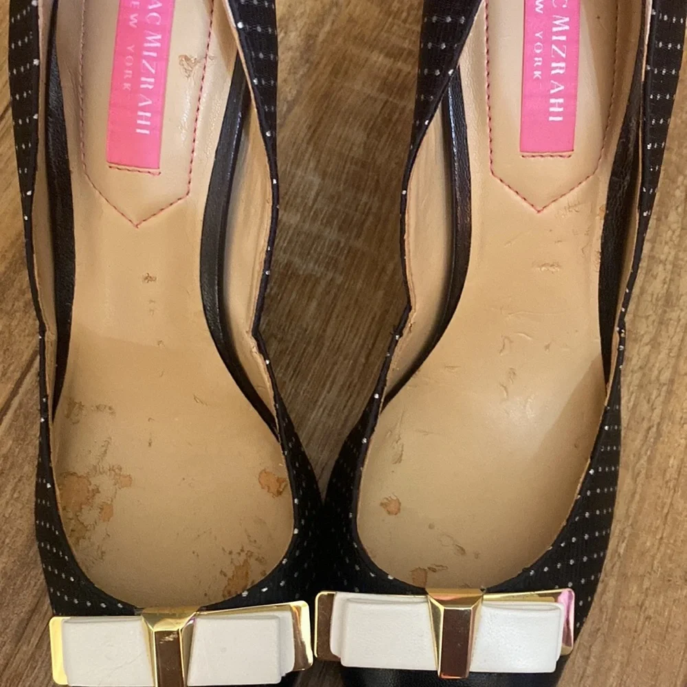 Isaac Mizrahi New York black & white polka dot heels bow embellishment size 6